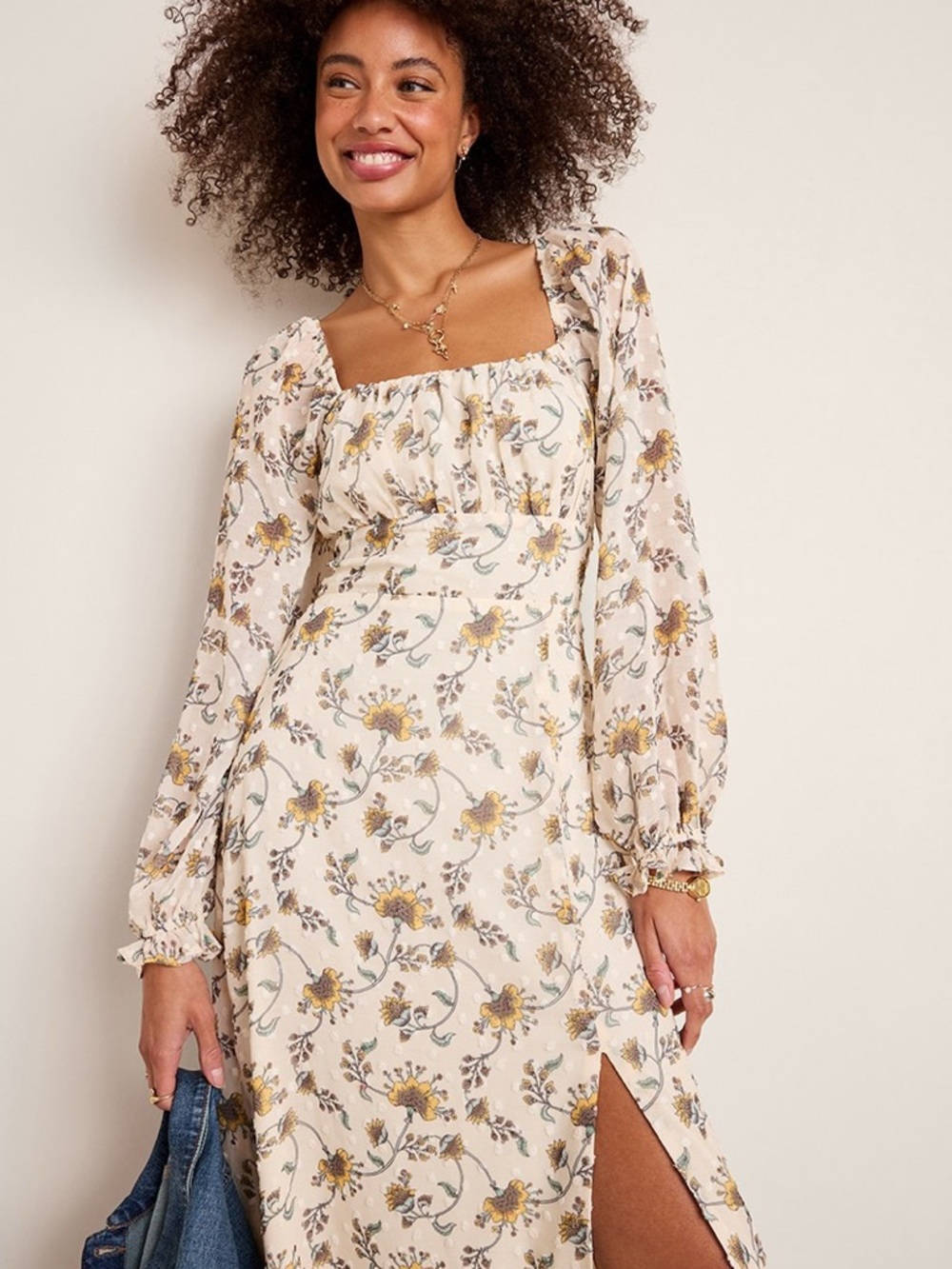 Brand New Bojo Cream Floral Long-Sleeve Maxi Dress